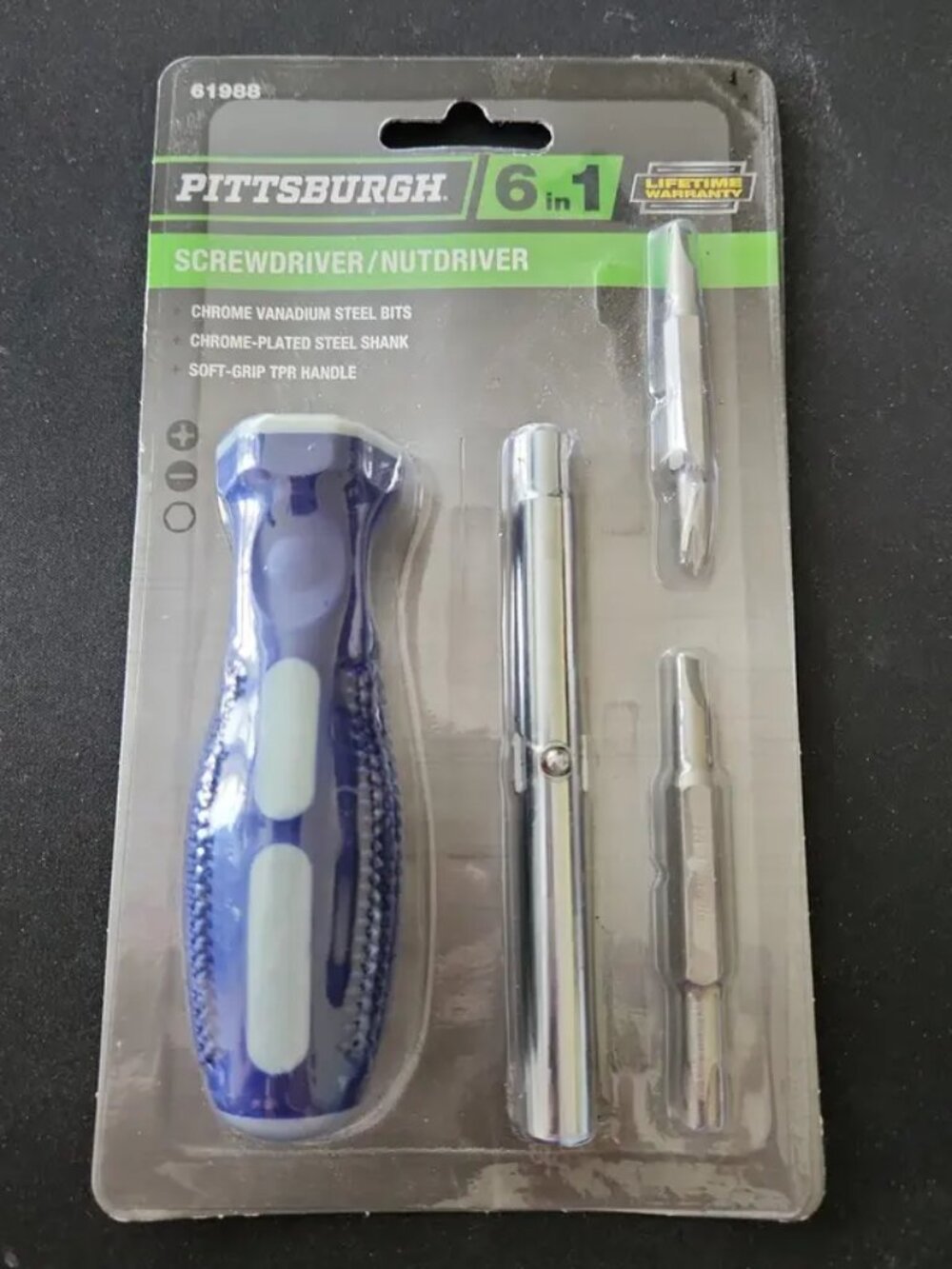 NEW Pittsburgh 6-In-1 Chrome Steel Bits Soft Grip Handle Screw & Nut Driver Set